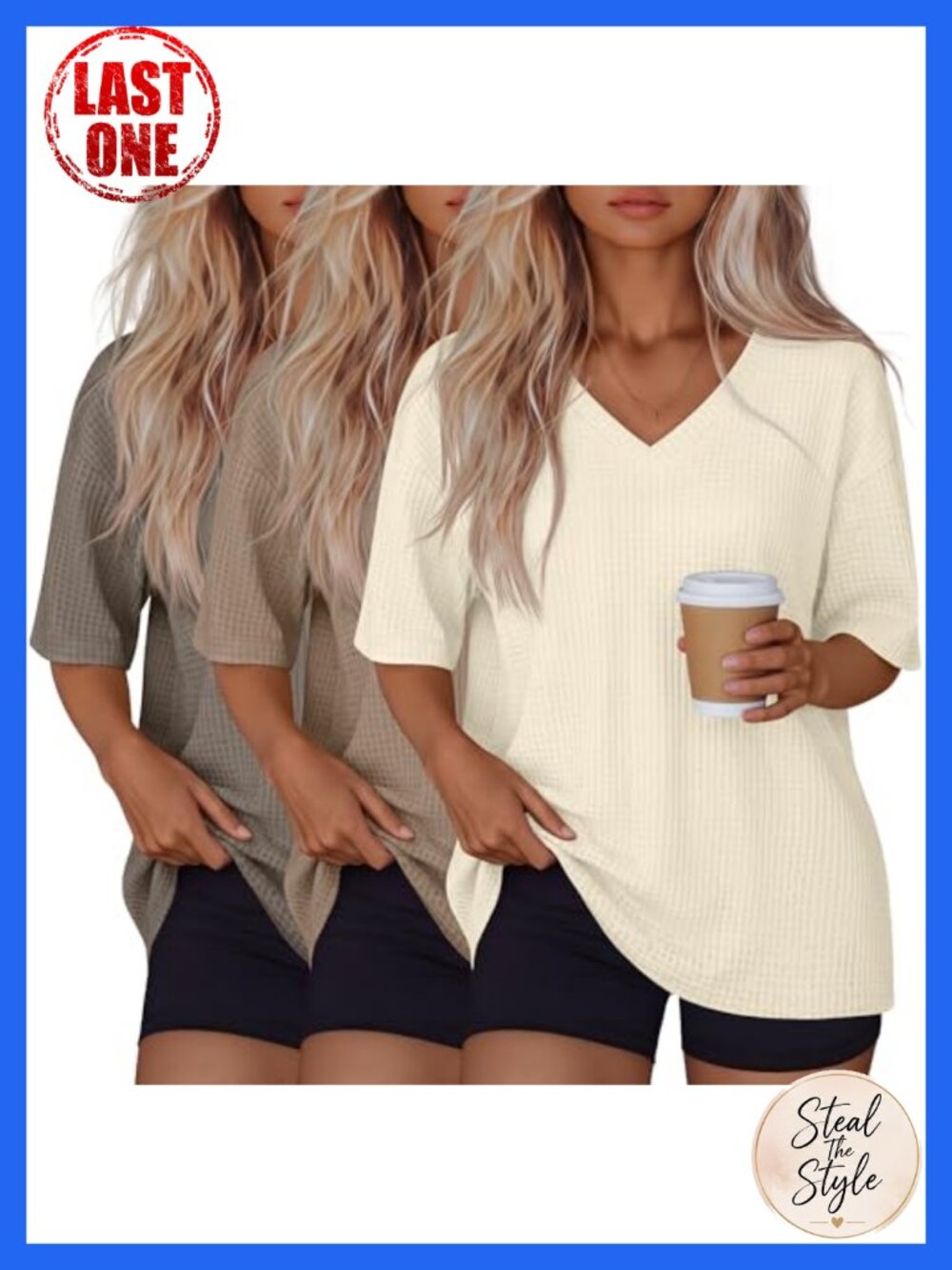 3 Pack Oversized Waffle Knit T-Shirts V-Neck Half Sleeve Womens Casual Tops